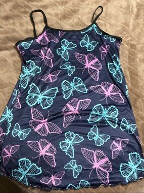 Navy Butterfly Print Slip Dress with Teal & Pink Motifs